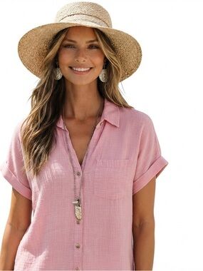 Rachel Zoe 100% Linen Boxy Button Down Cropped Shirt Pink Minimalist Size Small